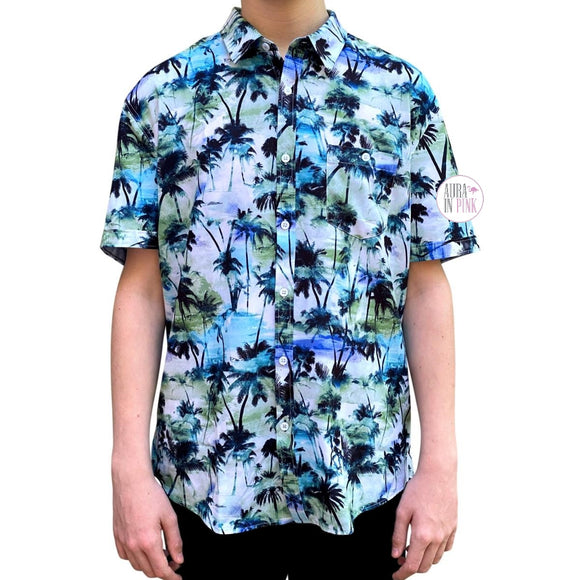 Point Zero Traveler 4-Way Stretch Dry Edition Black Palm Trees Blue Green Watercolor Men's Button-Down Short-Sleeve Shirt