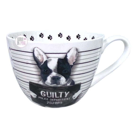 Portobello By Design Kaffeetasse „Guilty Frenchie“, französische Bulldogge, Polizei-Fahndungsfoto, weißes Porzellan