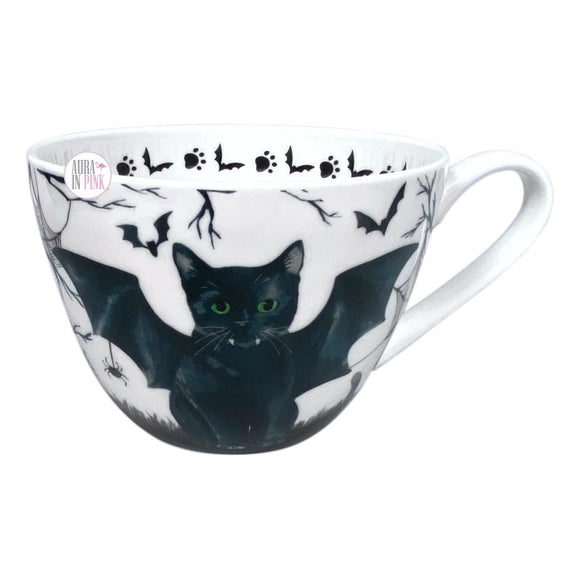 Portobello By Design Halloween Kaffeetasse aus weißem Knochenporzellan, schwarze Fledermaus und Katze
