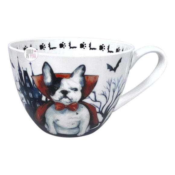 Portobello By Design Halloween Kaffeetasse mit Aufschrift „Graf Dogula Dracula“, Vampir, Frenchie, Französische Bulldogge, weißes Knochenporzellan