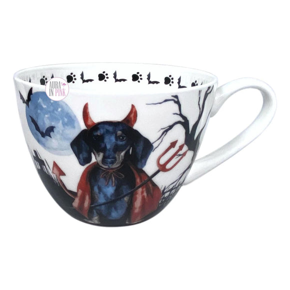Portobello By Design Halloween-Kaffeetasse mit kleinem Teufel, Dackel, Weiner-Hund, weißes Porzellan