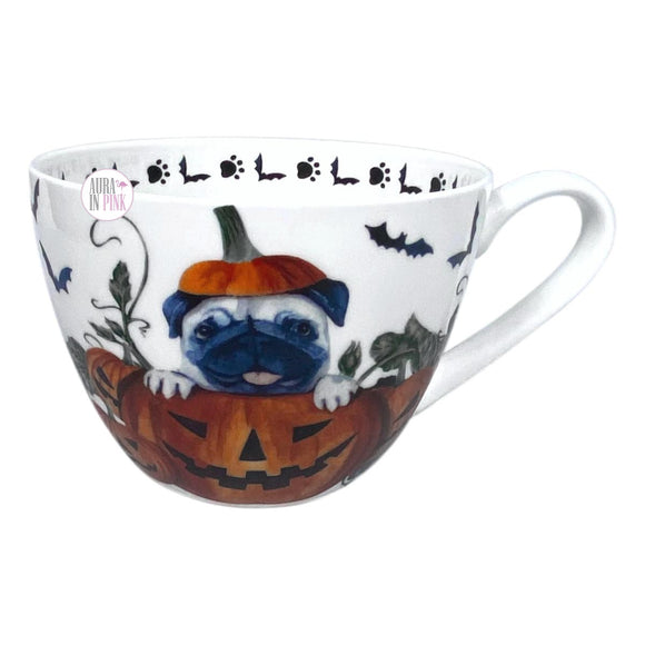 Portobello By Design Kaffeetasse mit Halloween-Mops und Kürbis-Mops, weißes Porzellan