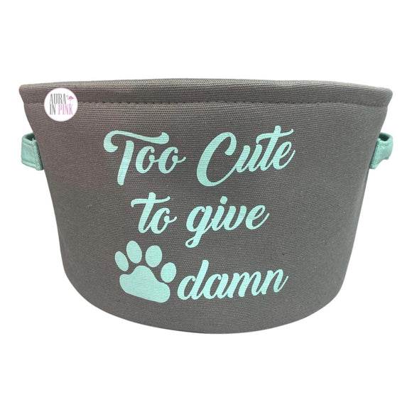 Puptown Chic Too Cute To Give A Damn Paw Print Round Canvas Pet Toy Bin Basket w/Handles