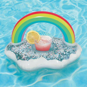 Schwimmender, aufblasbarer Getränkehalter für den Pool in Regenbogenwolken-Glitzeroptik