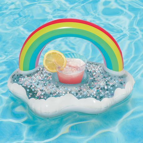 Schwimmender, aufblasbarer Getränkehalter für den Pool in Regenbogenwolken-Glitzeroptik