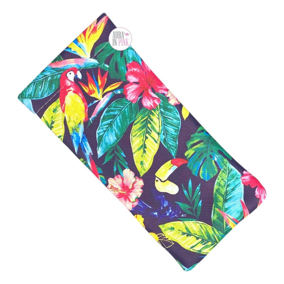 Rainbow Macaw & Toucan Parrots Tropical Hibiscus & Foliage Snap Close Soft Pouch Eyeglasses Case