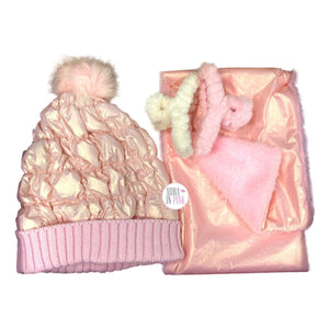 Rainbow Sugar Shimmering Rose Gold Pink Puffer Hat, Scarf & 2 Faux Fur Hair Claw Clips Boxed Set