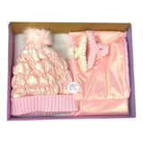Rainbow Sugar Shimmering Rose Gold Pink Puffer Hat, Scarf & 2 Faux Fur Hair Claw Clips Boxed Set