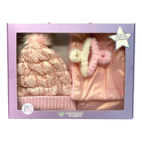 Rainbow Sugar Shimmering Rose Gold Pink Puffer Hat, Scarf & 2 Faux Fur Hair Claw Clips Boxed Set