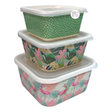 Re-Think 3-teiliges Set mit Lebensmittelbehältern aus Bambusfaser mit rosa Flamingos und tropischem Laub