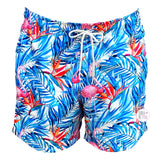 Ring Of Fire Blue Palms Tropical Pink Flamingo Printed Men's Swim Trunk Shorts