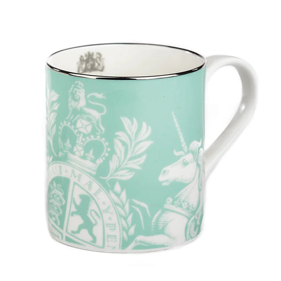 Royal Opera House British Royal Coat Of Arms Lion Unicorn Crest Aqua Blue Fine Bone China Coffee Mug w/Silver Rim