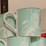 Royal Opera House British Royal Coat Of Arms Lion Unicorn Crest Aqua Blue Fine Bone China Coffee Mug w/Silver Rim