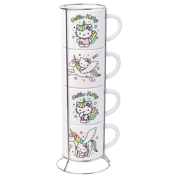 Hello Kitty by Sanrio Pastel Unicorn Fantasy Stars Stackable Ceramic Mugs w/Holder Set