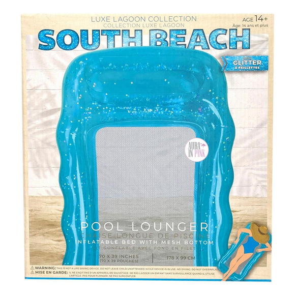 South Beach Luxe Lagoon Collection Aufblasbare Poolliege aus glitzerndem Netzgewebe, Blau