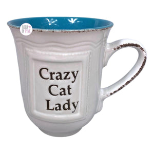 Spectrum Designz – Kaffeetasse aus Keramik „Crazy Cat Lady“, glänzend, Weiß und Aquablau