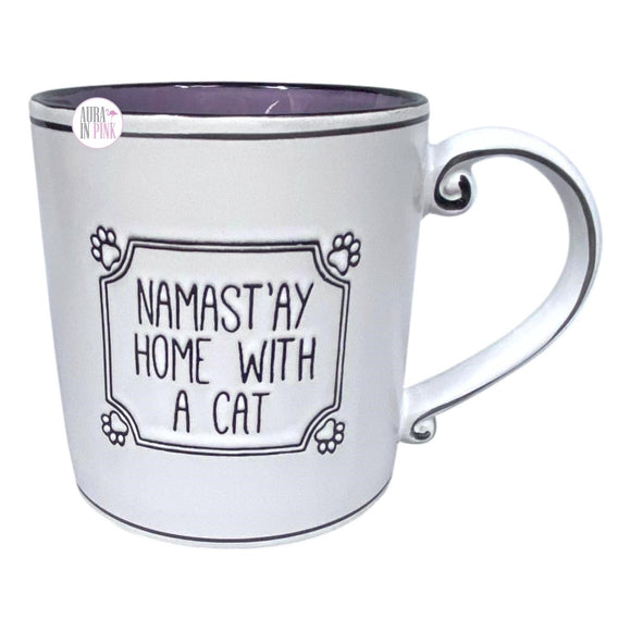 Spectrum Designz Kaffeetasse aus Keramik „Namast'ay Home With A Cat“, groß, Elfenbein/Lila