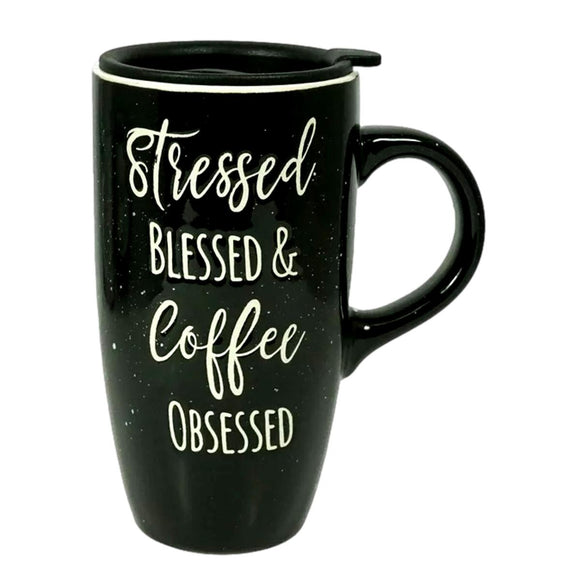 Reisebecher aus Keramik mit Henkel und Deckel „Stressed Blessed & Coffee Obsessed“