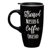 Stressed Blessed & Coffee Obsessed Ceramic Travel Mug w/Handle & Lid