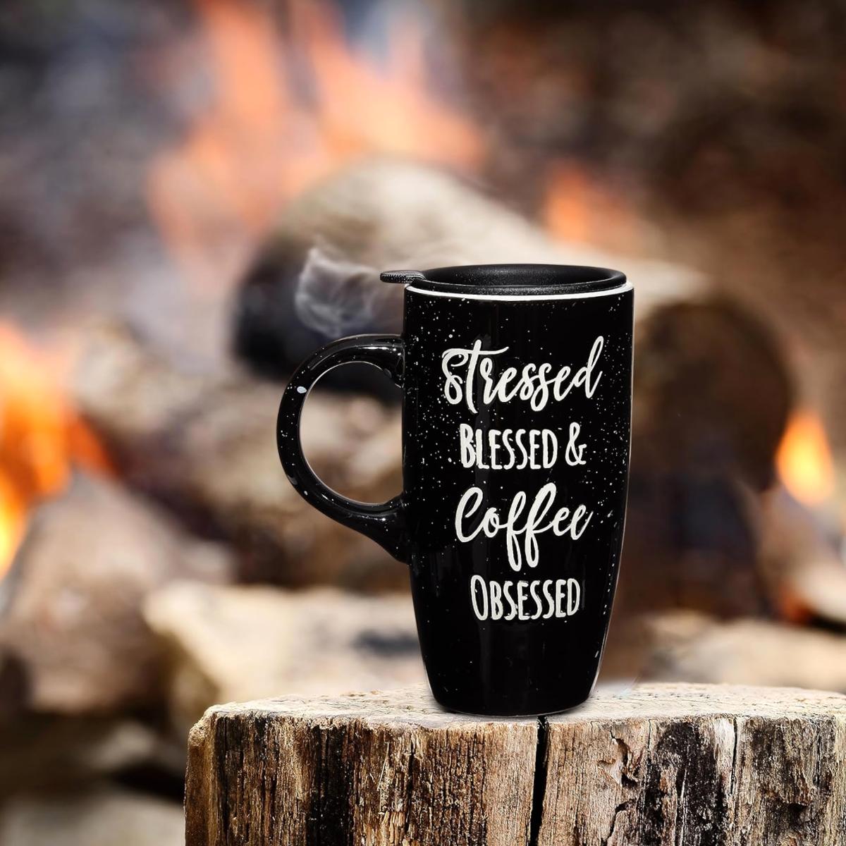 Stressed Blessed & Coffee Obsessed Ceramic Travel Mug w/Handle & Lid – Aura  In Pink Inc