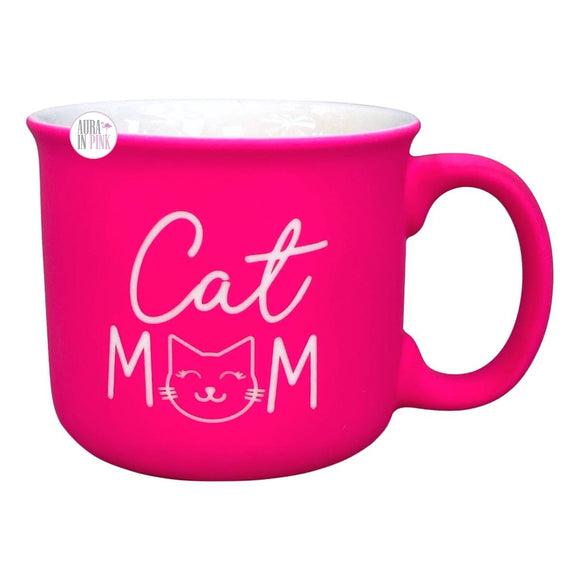 Sunday Morning Ceramics Laser-Etched Cat Mom Soft Touch Hot Pink Large Ceramic Camper Style Coffee Mug