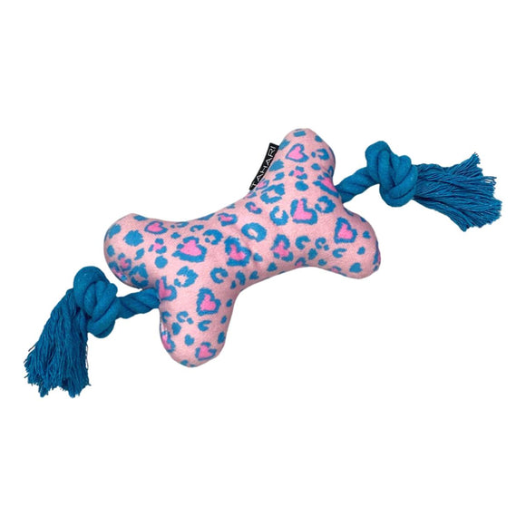 Tahari Designer-Hundespielzeug aus Plüsch mit quietschendem Knochen und Leopardenmuster, Rosa und Blau