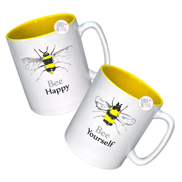 The Old Pottery Company Bee Happy & Bee Yourself Bumblebee White & Yellow XL Ceramic Coffee Mugs