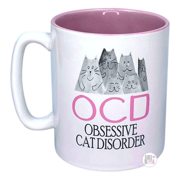 The Old Pottery Company OCD Obsessive Cat Disorder White & Pink XL Ceramic Coffee Mug