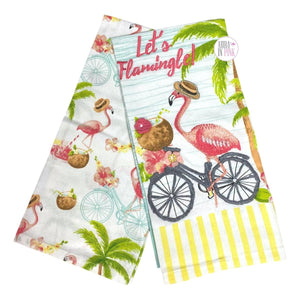 The Prairie By Rachel Ashwell Embroidered & Printed Let's Flamingle Pink Flamingos & Palm Trees Set Of 2 Kitchen Tea Towel Set