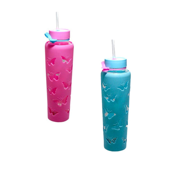 Trim Healthy Mama Silicone Butterfly Cutouts Sleeve Slim Glass Sipper Bottles w/Straws - Pink & Blue