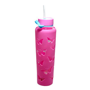 Trim Healthy Mama Silicone Butterfly Cutouts Sleeve Slim Glass Sipper Bottles w/Straws - Pink & Blue