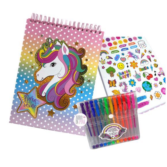 Votum Born To Shine Unicorn Spiral-Bound Hardcover Sketchbook Set w/Gel Pens In Pouch & Stickers