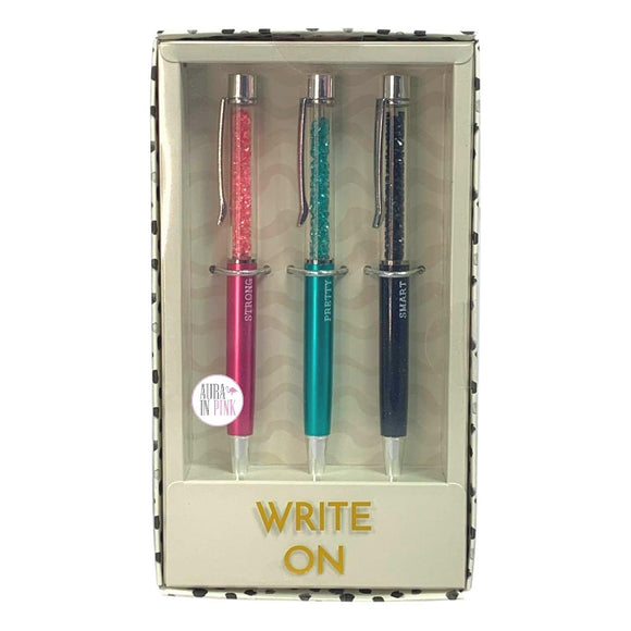 Votum Strong Pretty Smart Inspirational Crystal Bling Write On 3-Piece Ballpoint Pen Set