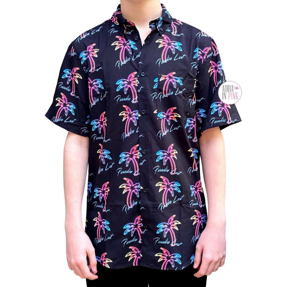 WESC Schwarzes Oden Vaporwave Rainbow Neon Paradise Lost Palm Trees Unisex Button-Down-Kurzarmhemd