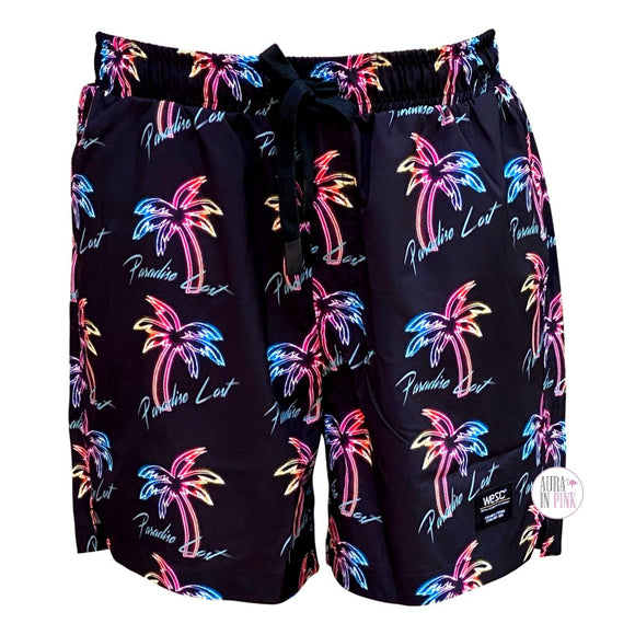 WESC Black Oden Vaporwave Rainbow Neon Paradise Lost Palm Trees Unisex Swim Trunk Shorts