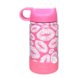 Wellness Lipstick Print Kisses Bubblegum Pink Stainless Steel Double-Walled Flip-Top Bottle w/Silicone Boot