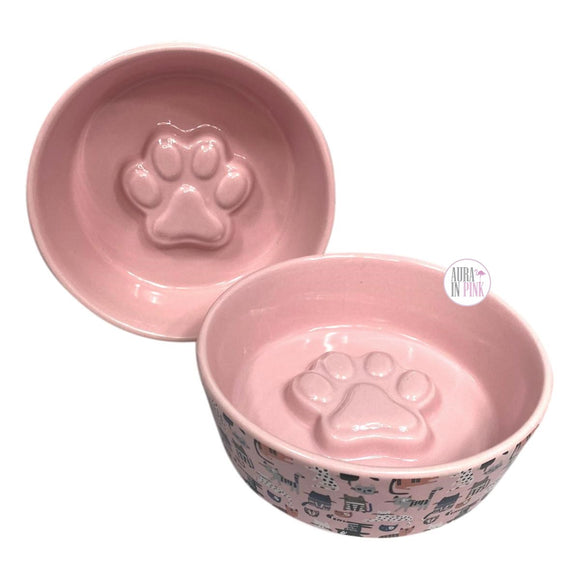 Winifred & Lily 3D Paw Print Variety Cats Pink Ceramic Cat Dish