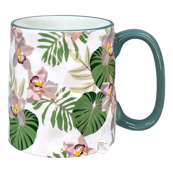 10 Strawberry Street Artisan Collection Orchideen & Monstera-Blätter Tropisches Laub getrommelte Keramik-Kaffeetasse