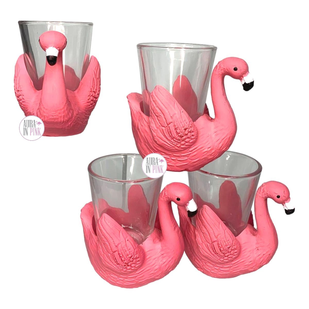 Twin Set Pink Flamingo Eye Glasses Holders / Stands With Straw Hat & Gold  Crown 