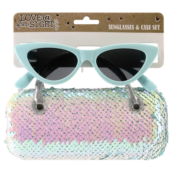 LAFSNY Kids Tiffany Blue Cat-Eye Sunglasses & Iridescent Flip Sequins Case Set - Aura In Pink Inc.