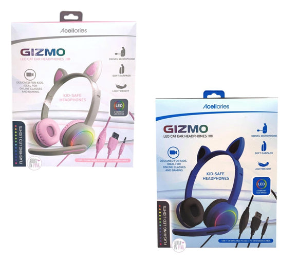 Acellories Gizmo LED-Gaming-Kopfhörer mit Katzenohren und schwenkbarem Mikrofon, Grau/Pink und Blau/Schwarz