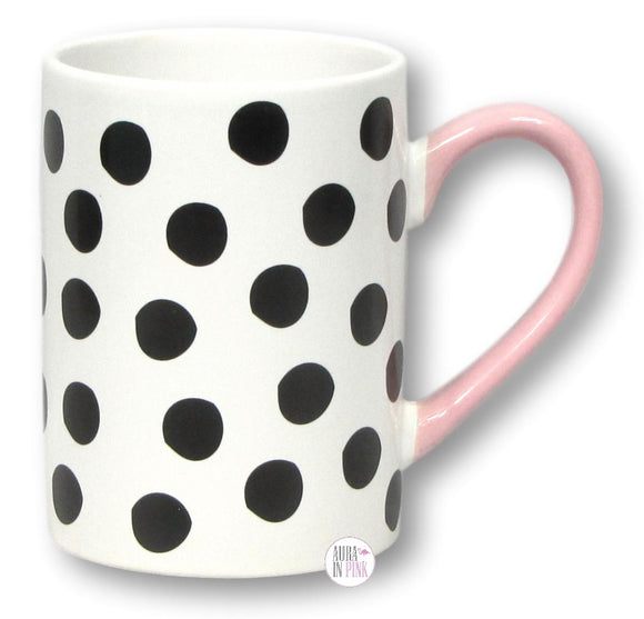 White & Black Polka Dotted Pink Handled Coffee Mug - Aura In Pink Inc.