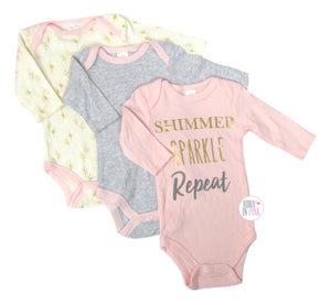 Baby Kiss Shimmer Sparkle Repeat 3-Pc Long-Sleeved Bodysuit Onesies Set - Aura In Pink Inc.