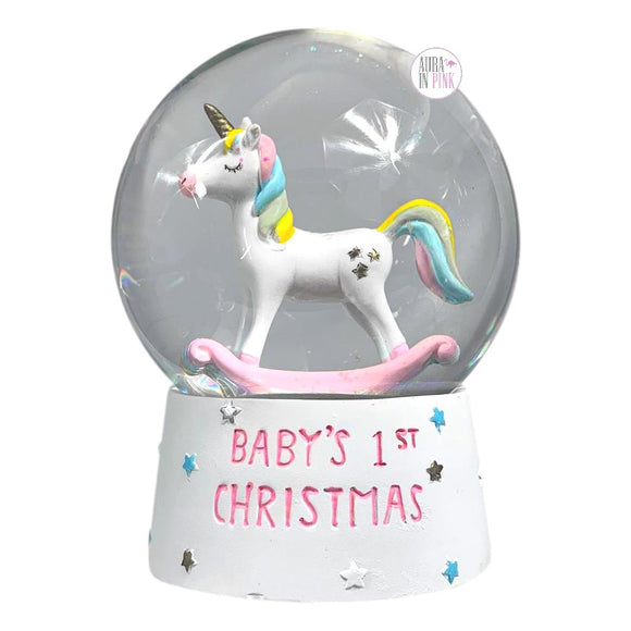 Baby's 1st Christmas Unicorn Rocker Iridescent Glitter Glass Snow Globe w/Stars White Base