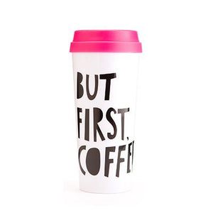 Bando But First, Coffee White & Hot Pink Hot Stuff Thermal Mug w/Lid - Aura In Pink Inc.