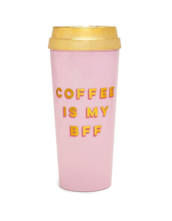 Bando Coffee Is My BFF Shimmer Pink & Gold Deluxe Hot Stuff Thermal Mug w/Lid - Aura In Pink Inc.