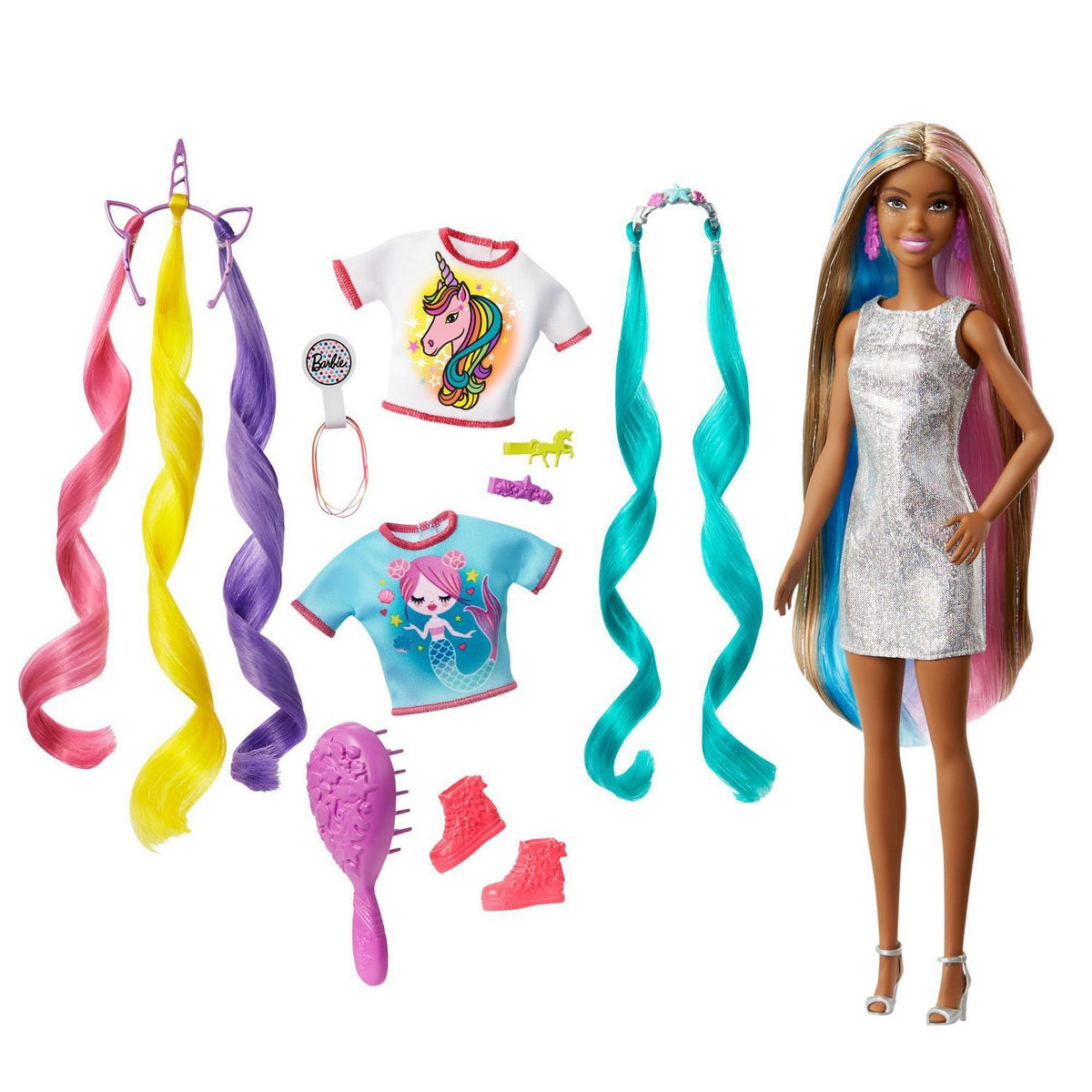Barbie Fantasy Hair Unicorn To Mermaid Doll Brunette – Aura In