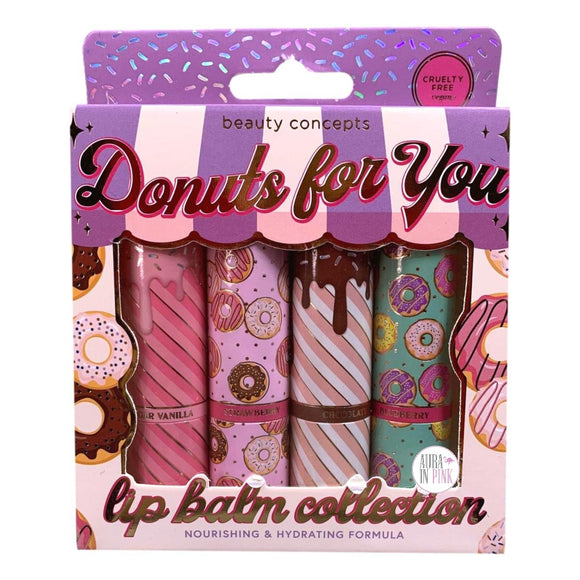 Beauty Concepts Donuts For You Lippenbalsam-Kollektion – Zucker-Vanille, Erdbeere, Schokolade, Blaubeere