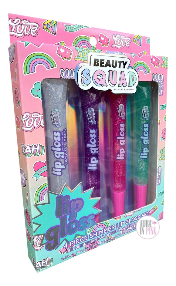 Beauty Squad 4-Pc Flavored Shimmer Lip Gloss Set - Vanilla, Cupcake, Strawberry, Cotton Candy - Aura In Pink Inc.