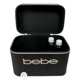 Bebe Black Faux Saffiano Leather Crystal Bling Logo Cosmetics Carryall Zip Train Case w/Handle